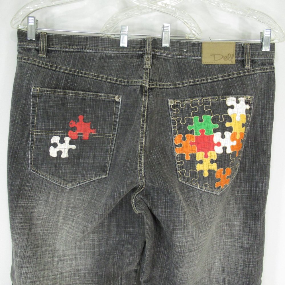 Delf Jeans 44x25 Y2K Painted Puzzle Pieces Multi Color Black Gray Raw Hem